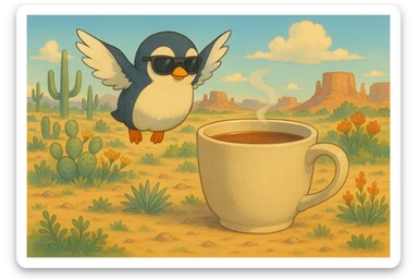 Add sunglasses to the penguin, keep the ghibli-inspired style, hovering in a desert landscape beside an oversized tea mug. sticker