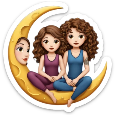moon bench — long wavy brown hair tattooed woman and short tight curly brown hair woman — sitting on crescent moon sticker