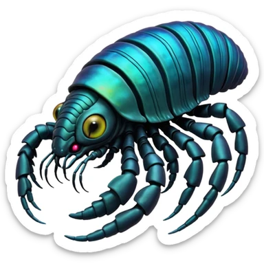 An iridescent, chitinous trilobite with glowing cyan eyes pulses rhythmically as a miniature black hole orbits its brow, distorting space-time. Its fractal-patterned exoskeleton shifts colors unsettlingly, and its mouth opens into a spiraling void that hums with forgotten whispers. sticker