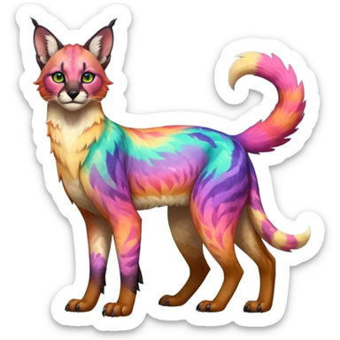 Realistic Colorful pale nebula gradients-colored randomly-colored fruity glorious exotic neon vibrant zigzagged fantasy-caracal-civet-genet-sergal-vernid-Gryphon-Cacomistle-Trico-oncilla-animal-Fakémon-hybrid-fursona (full body), facial markings, (realism style) sticker