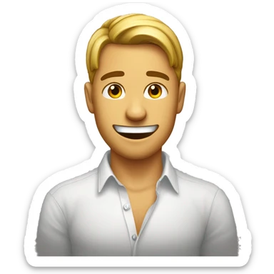 L'emoji montre un beau jeune homme portant une chemise avec une banane souriante dessus et fermant les yeux avec des joues rouges, suggérant un léger sentiment de défi ou d'espièglerie. sticker