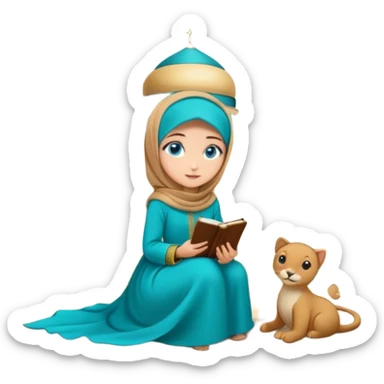 Turkish beautiful finish Konya girl blue eyes with gold hijab and islamic long tailed turquoise dress on the ground at garden and had on her hand text Eid Mubarak  sticker