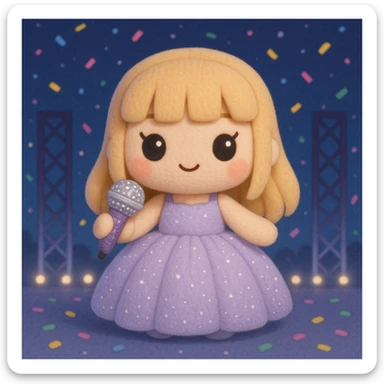 Pretty and girly Blonde pop star with bangs wearing a sparkly tulle light purple ballgown, holding a bedazzled microphone, reimagined as a soft kawaii plushie doll, with a nighttime concert backdrop with colorful confetti sticker