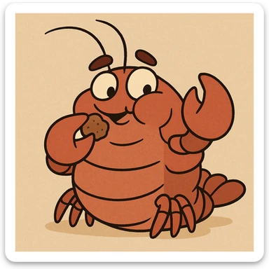 chubby crayfish munching on a food pellet, cartoon style, cute and playful sticker