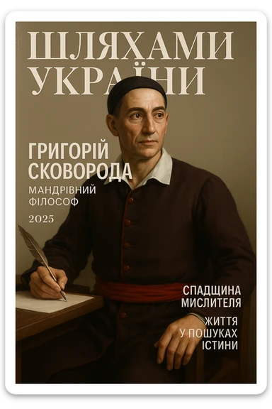 Create a glamorous, ultra-realistic magazine cover titled "Шляхами України".
The cover features Princess Olga from the downloaded image.
The cover design should be bright with elegant typography.
Add the title: "Григорій Сковорода", the subtitle: "Мандрівний філософ", and the release date: "2025".
Include additional subheadings and a well-thought-out layout.
Premium lighting, dramatic shadows, rich colour correction, glossy paper texture, minimalist background, focus on the character and typography in the spirit of glossy publications. sticker