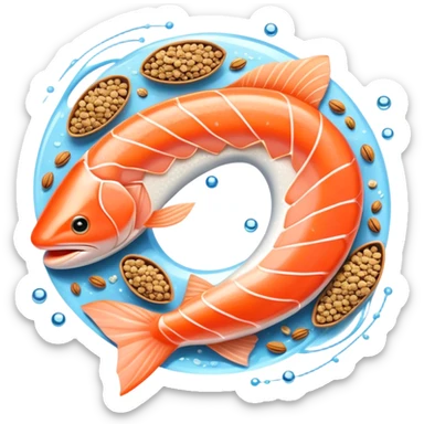 Floating arrangement of omega-3 rich foods: fresh salmon fillets, walnuts, flaxseeds, chia seeds and omega-3 capsules, all emitting a soft golden glow. The foods orbit around a central shimmering omega symbol, with gentle flowing energy connecting them. sticker