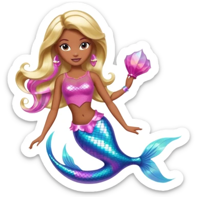 Brown skin blonde hair barbie mermaid with holographic tail and pink  in hair sticker