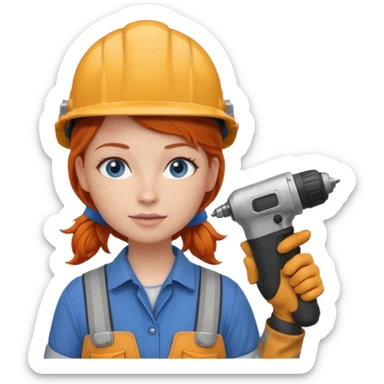 A ginger haired girl blue eyes, handyman Outfit, wearing a Helmet, with drill sticker