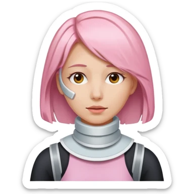 Woman with light pink shoulder length hair and neck brace sticker