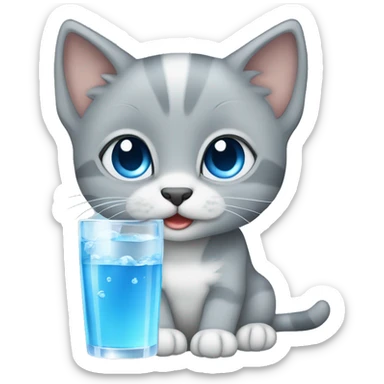 blue eyes grey kitten drink glass of water  sticker