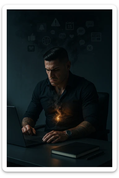 A highly realistic, cinematic image of a young man in his early 30s, sitting at a modern office desk under harsh artificial lighting, shoulders hunched, jaw clenched, and breathing shallowly, symbolizing how modern society forces people to live in a state of chronic tension and restricted breathing. Around him, faint black and grey visual elements represent notifications, deadlines, social media icons, and news alerts, swirling around his head like a chaotic storm, symbolizing societal pressure. His chest appears visually tight and compressed, and faint dark smoke emanates from his body, representing blocked breath and internalized stress. In contrast, a faint glowing light near his chest and abdomen tries to expand, symbolizing the innate desire of the body to breathe freely and deeply. The environment is cold and minimalistic, with a sense of stillness and tension, captured in a hyperrealistic 35mm film style with muted colors, focusing on the man's tense posture and restricted breathing to reflect the unseen burden of modern living. in italiano sticker