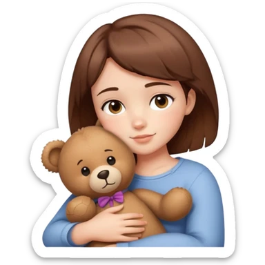 Girl with short brown hair cuddling teddy bear  sticker