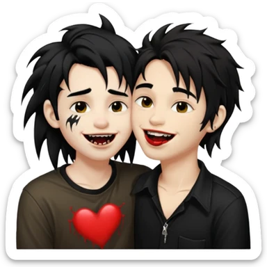 Laughing pale Goth boy with a bunch of face piercings, with shaggy dark brown hair, and messy black eyeliner , smudged, red, lipstick , kissing tan boy with long black hair  sticker