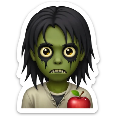 boy zombie, human-like, black emo long hair, creepy, black eyes, dark skin, Apple iPhone emoji style sticker