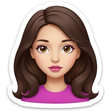 girl with wavy long dark brown hair, brown eyes, light to medium complexion, long lashes, almond shaped eyes, link lipstick sticker