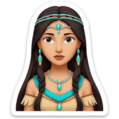 Cinematic Realistic Elegant Pocahontas Portrait, depicted with sun-kissed, warm skin rendered in lifelike detail and soft, natural lighting that accentuates its gentle glow. Her long, flowing dark hair is intricately detailed with natural movement, and her wise, expressive eyes shine with a deep, serene intensity. She is dressed in traditional attire with rich earthy tones and subtle turquoise accents, each fabric fold and texture rendered authentically. The portrait exudes a natural radiance that captures the timeless, indigenous beauty of Pocahontas with depth and authenticity. sticker