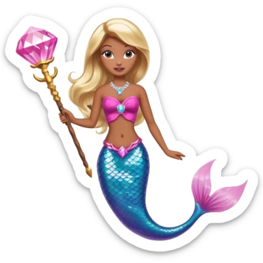 Brown skin blonde hair barbie mermaid with pink diamond tail and wand  sticker
