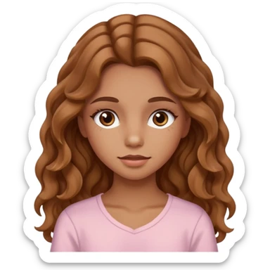 teenage girl with wavy long hazelnut hair, wearing blush and mascara sticker