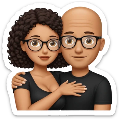 A picture of an embracing tanned couple. the man is a Mexican man with tanned skin, with a bald hair cut, short beard and wearing a black shirt. the woman is short with long curly dark brown hair and with big boobs. Put glasses on the woman only. No glasses on the man sticker