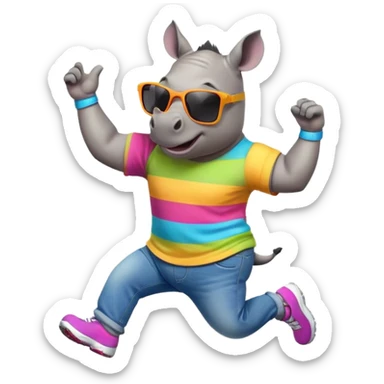 friendly anthropomorphised rhino in jeans and colourful t-shirt, wearing dark sunglasses, jogging upright, jumping with excitement, standard pose sticker