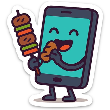 a humorous and fun modern cartoon style illustration of a phone eating kebab, detailed, no background sticker