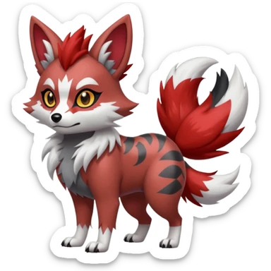 Cool handsome Red Lycanroc-Furret-Zorua-Poochyena-fusion, full body, with black and white edgy markings patterns sticker