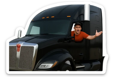 Zoom in closer on the cab of the truck. Make the person in the truck look angry, bald, wearing an orange shirt and a baseball cap. Keep the truck black with a chrome stack. Maintain a transparent background. sticker