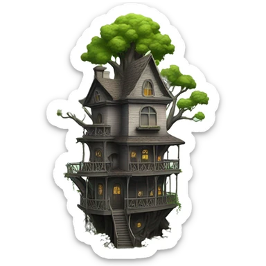Miniature Fantasy haunted Addams tree house in an overgrown hotel on a hill  sticker