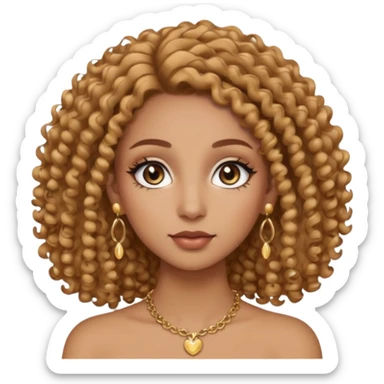 Une fille clean girl avec du maquillage clan et du mascara et des faux cils avec des boucles sur ces cheuveux marrons clair et des boucles d’oreilles doré rond et un collier doré  sticker