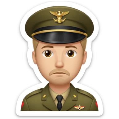 A white man with stubble in a soldier's uniform and a sad face sticker