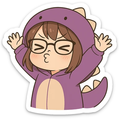 Chibi anime style gamer girl with glasses, brown hair, dark purple eyes, wearing a purple dinosaur costume, new pose with arms up in excitement, making a pouty expression, no controller, no background, same style as reference. sticker