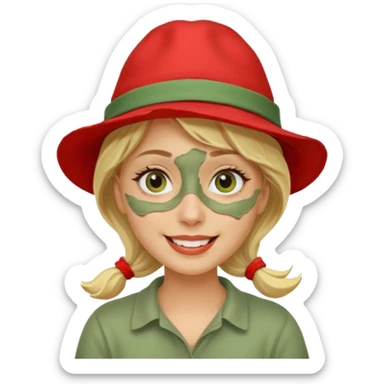 messy green clay mask and red tourist hat blond braided woman big eyes smiling and clay mask on face sticker
