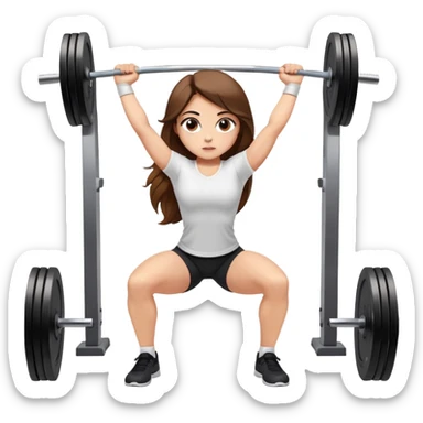 A girl with light skin, big eyes, long brown hair and wearing a white shirt is doing an overhead squat with a lot of weight on the barbell sticker