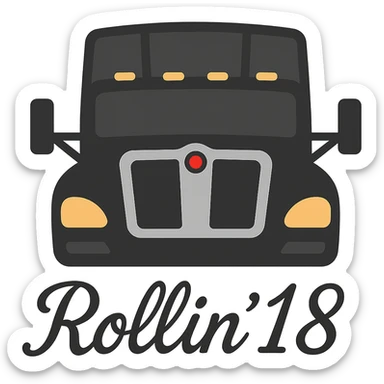 Edit the image of the truck by changing the text 'Rollin' 18' at the bottom to a clear and stylish script font style. Keep the overall emoji style and ensure no background is present. sticker