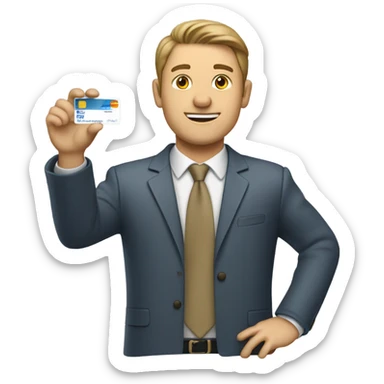 white guy in business casual look showing a credit card  sticker