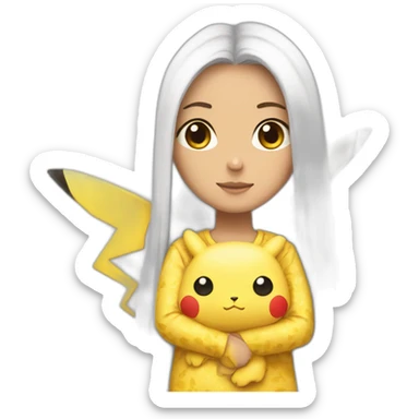 Brown straight long hair white woman wearing pikachu pyjama sticker