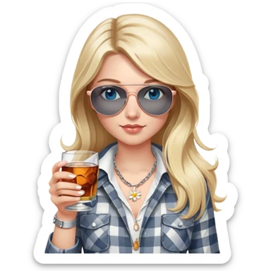 girl
blue eyes
long blond hair with daisy in it
wearing grey/white plaid shirt
wearing aviator sunglasses
wearing silver necklace around her neck
holding a glass of whiskey 
wearing rose gold apple watch  sticker