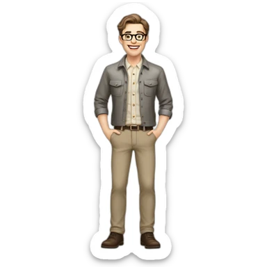 Joyful Full height Pale skinned Fit Man With dark brown hair in gray jacket, beige office shirt, Brown pants and vintage glasses. His thrumbs up sticker