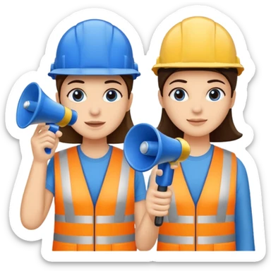 Duas pessoas com capacete de obras azul e um megafone na mão sticker