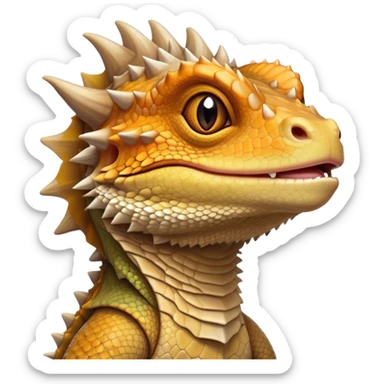 Cinematic Noble Bearded Dragon Portrait Emoji, Poised and regal, with a robust, angular build and a textured, scaled hide in earthy olive and sandy tones, a prominent spiky 'beard' beneath its chin and a keen, alert gaze, Simplified yet sharp and sophisticated features, highly detailed, glowing with a soft, dignified glow, high shine, intelligent and fierce, stylized with an air of desert majesty, focused and attentive, soft glowing outline, capturing the essence of a watchful and commanding reptile, so majestic it feels as though it could scuttle out of the screen with effortless authority! sticker