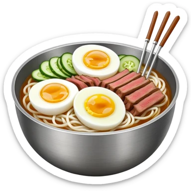 Korean cold noodles (naengmyeon) in a metal bowl, with thin noodles, cold broth, sliced beef, cucumber, and a half boiled egg on top, iPhone emoji style sticker