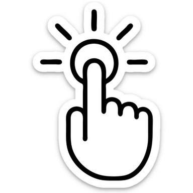 Single finger pressing effortless button with radiating success lines, minimalist interaction design, bold corporate illustration style sticker