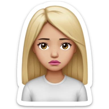 Mujer color de piel moreno claro, con cabello rubio largo, lacio y suelto, ojos negros, labios color rosita, triste  sticker