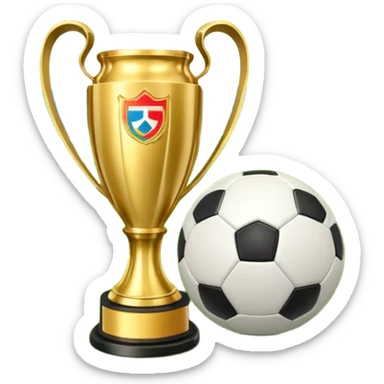 A football resting on the green grass of a soccer field, with goalposts and field markings in the background. In the foreground, the UEFA World Cup trophy gleams, symbolizing the pinnacle of football achievement, adding an element of prestige and competition to the scene. sticker