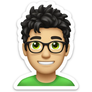 white young guy messy black hair round glasses bright green eyes lightning shaped scar on forehead sticker