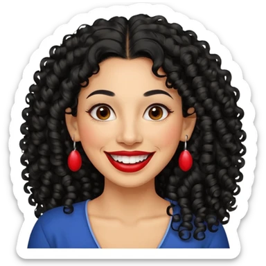 40 yr old peruvian woman, very curly long black hair, red lipstick, big smile, white teeth, brown eyes, hoop earings sticker
