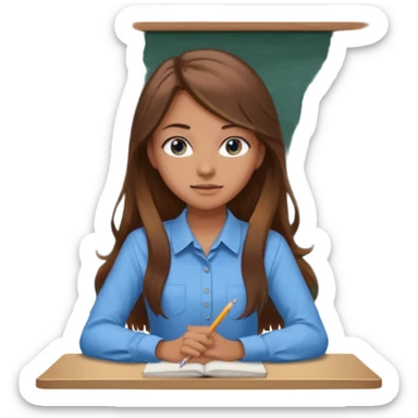 high school class room with a pretty female high school student with long brown hair, blue eyes sitting in front of the blackboard sticker
