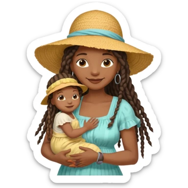 A black mom with long dread lock hair in a sunhat holding her baby gently, wearing a sun-dress while smiling softly. sticker