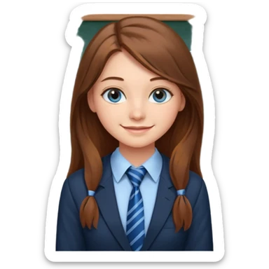 high school class room with a pretty female high school student with long brown hair, blue eyes, wearing a tie, sitting in front of the blackboard sticker