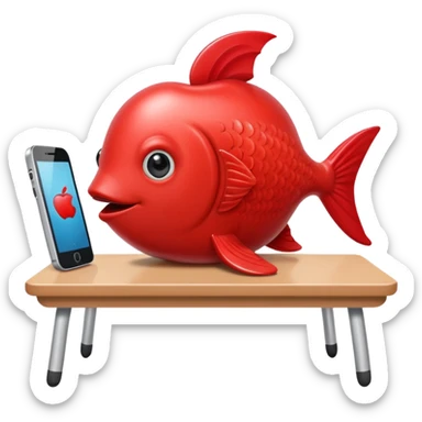 emoji stile apple di un pesce su un banco scolastico che gioca con il telefono perché si sta annoiando  sticker